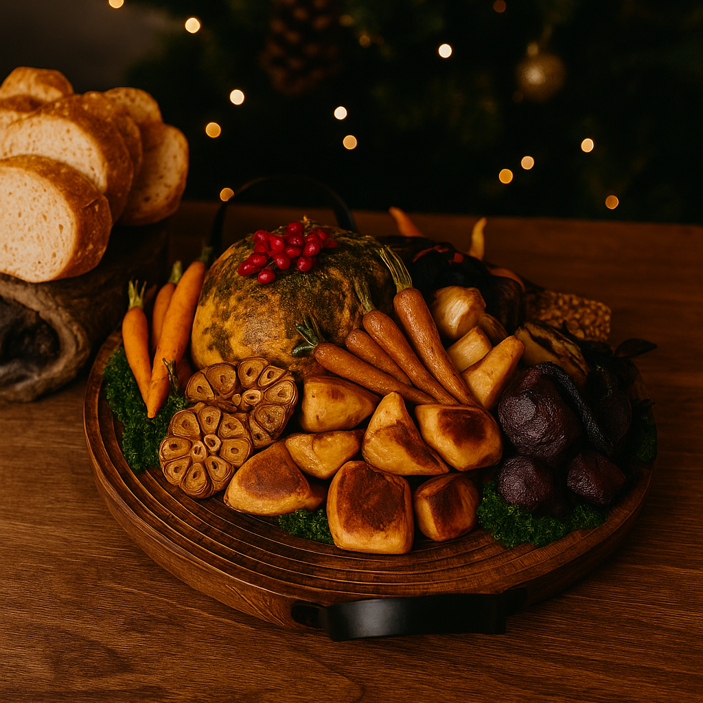 Wooden board with assorted fruits and bread slices on a wooden table with a Christmas tree in the background.