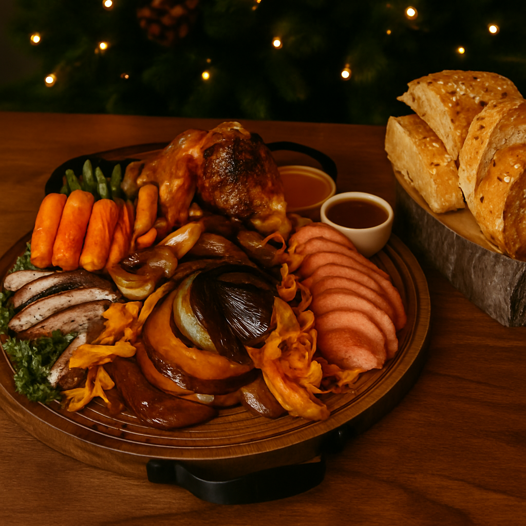 Plated meal with roasted meats, vegetables, and bread on a wooden table with a Christmas tree in the background.